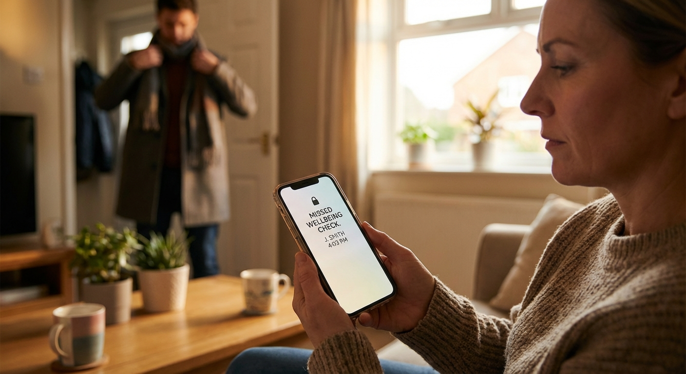 A daughter checking her phone with concern, while a kind neighbour puts on their coat to go check on her mother